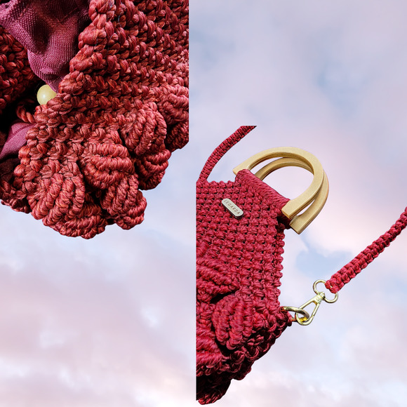 Legarda Handmade Macrame Red Boho Knit Crossbody Bag with Wooden Handles - Picture 8 of 8